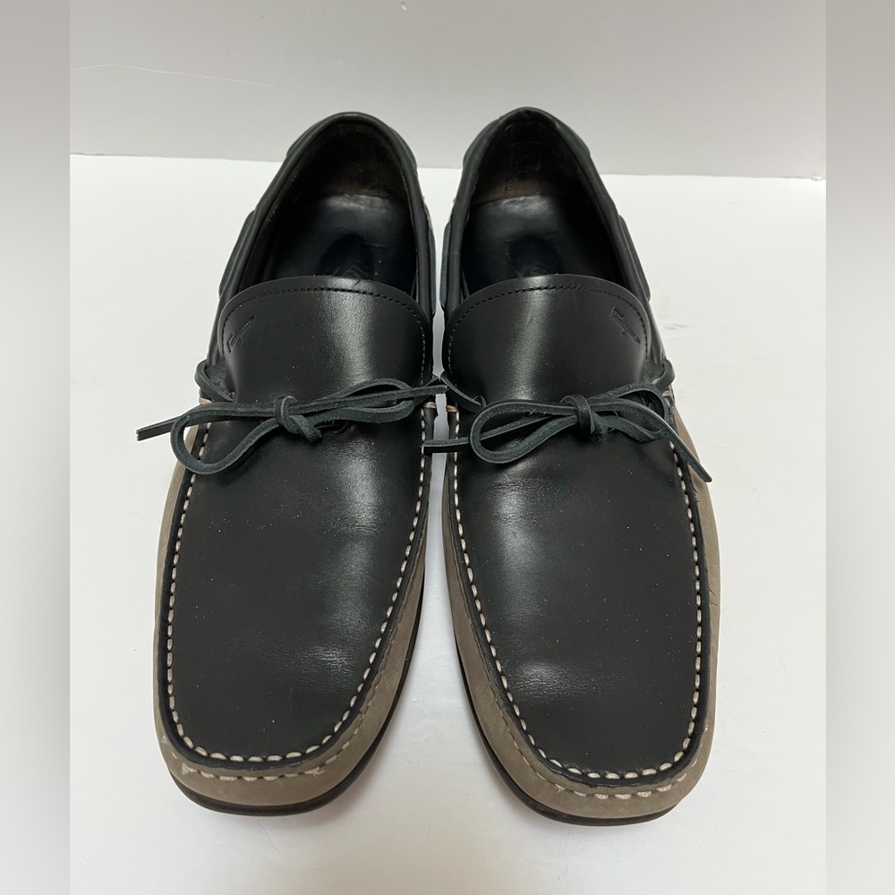 Salvatore Ferragamo Mango Black Leather Taupe Suede Driving Loafers Size 9